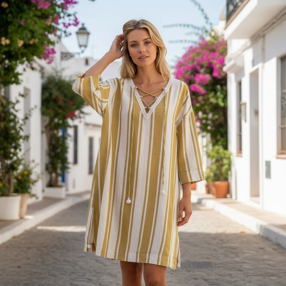 MAX&Co NEW Pure 100% Linen White Stripe Tunic Dress Lace Up Beach Resort Size 8